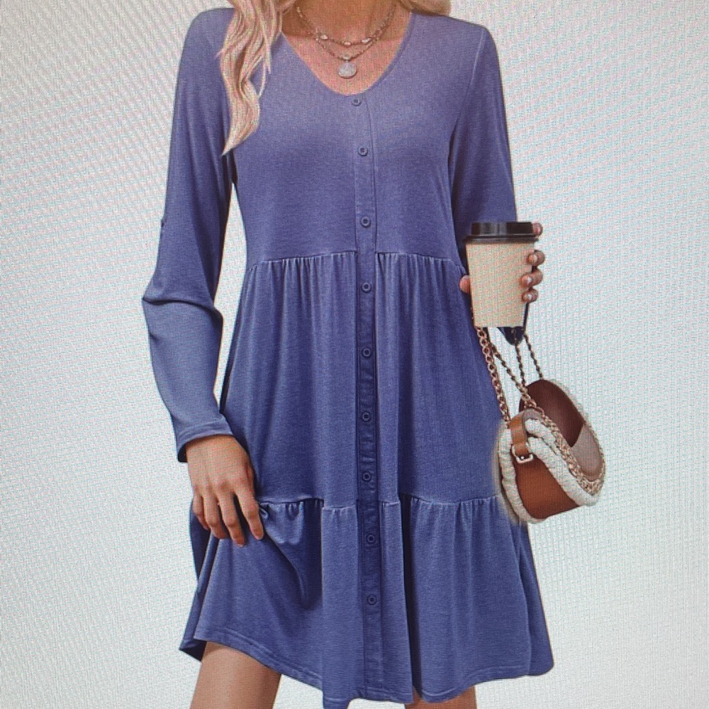 Blue Button‑Front Tiered Dress–Casual Chic Long Sleeve Swing Style, Effortless